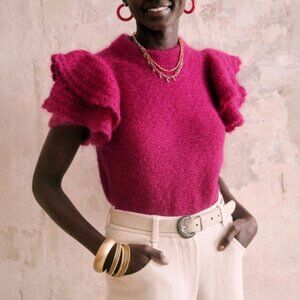 New Sezane Ilda Mohair Wool Ruffle Sleeve Sweater Top Raspberry Pink Small